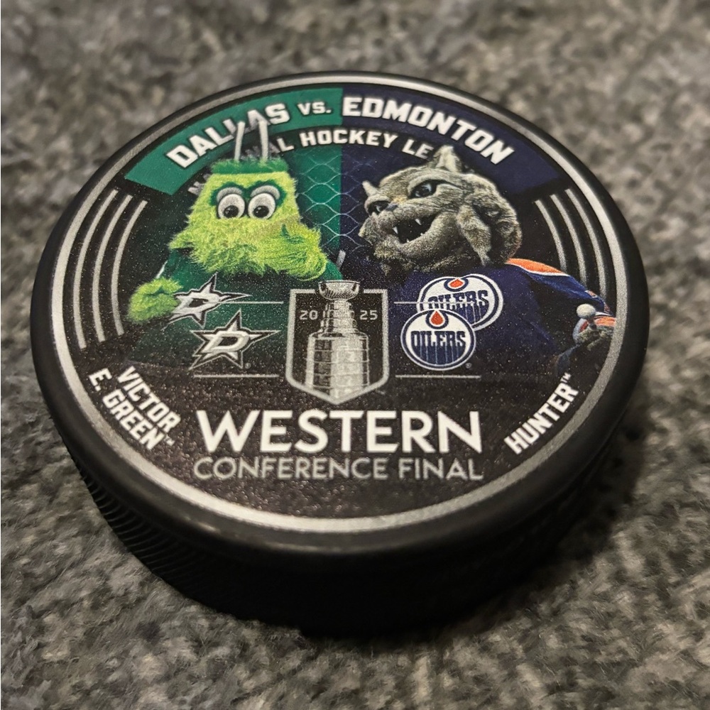 Dallas Stars vs Edmonton Oilers Mascot Hockey Puck 2025 Western Conference Final